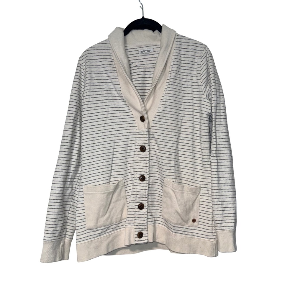 Orvis Cardigan Sweater Womens Medium Ivory Navy Stripe Cotton‎ Blend
